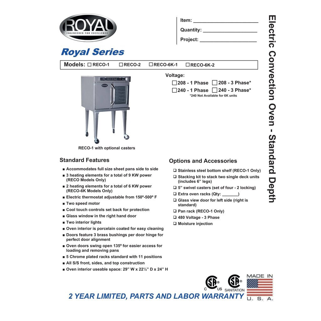Royal RECO-1 Single Deck Electric Convection Oven - Standard Depth