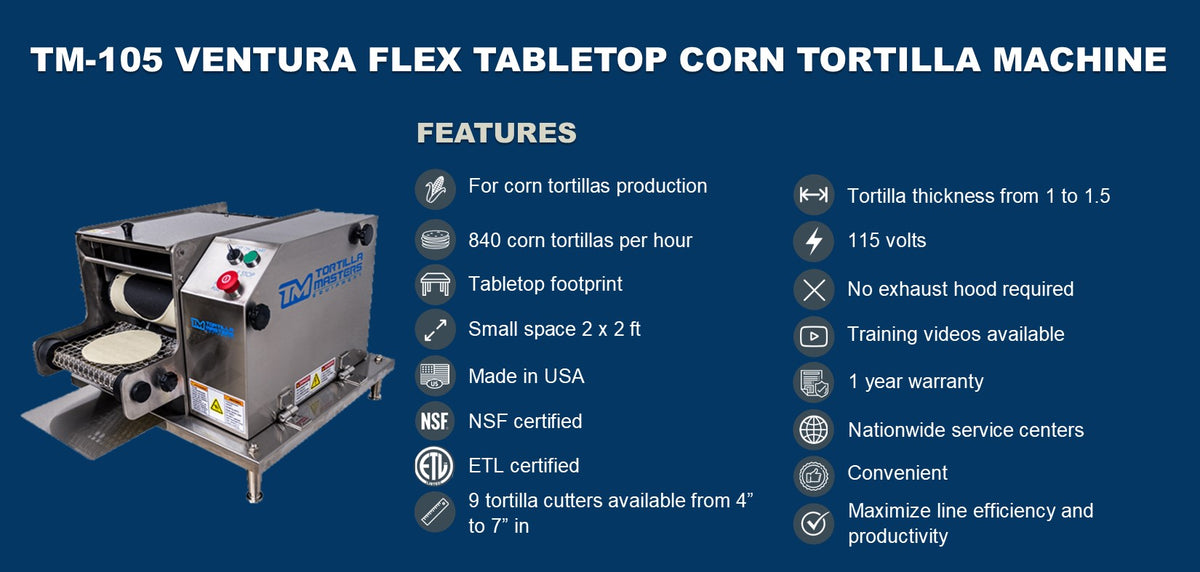 Tortilla Masters TM-105, Countertop Ventura Flex Corn Tortilla Machine