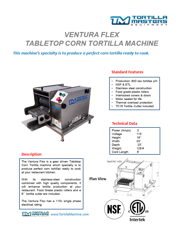 Tortilla Masters TM-105, Countertop Ventura Flex Corn Tortilla Machine