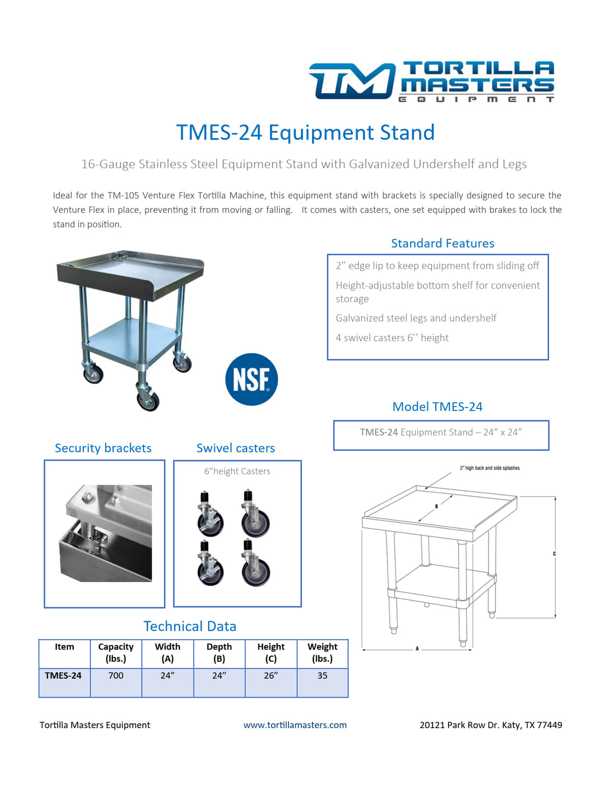 Tortilla Masters TMES-24 Equipment Stand 24&quot; x 24&quot;